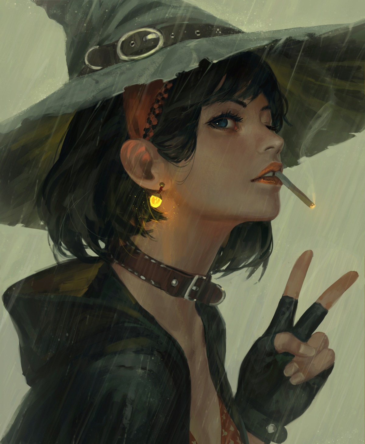 bra, guweiz, open_shirt, smoking, witch