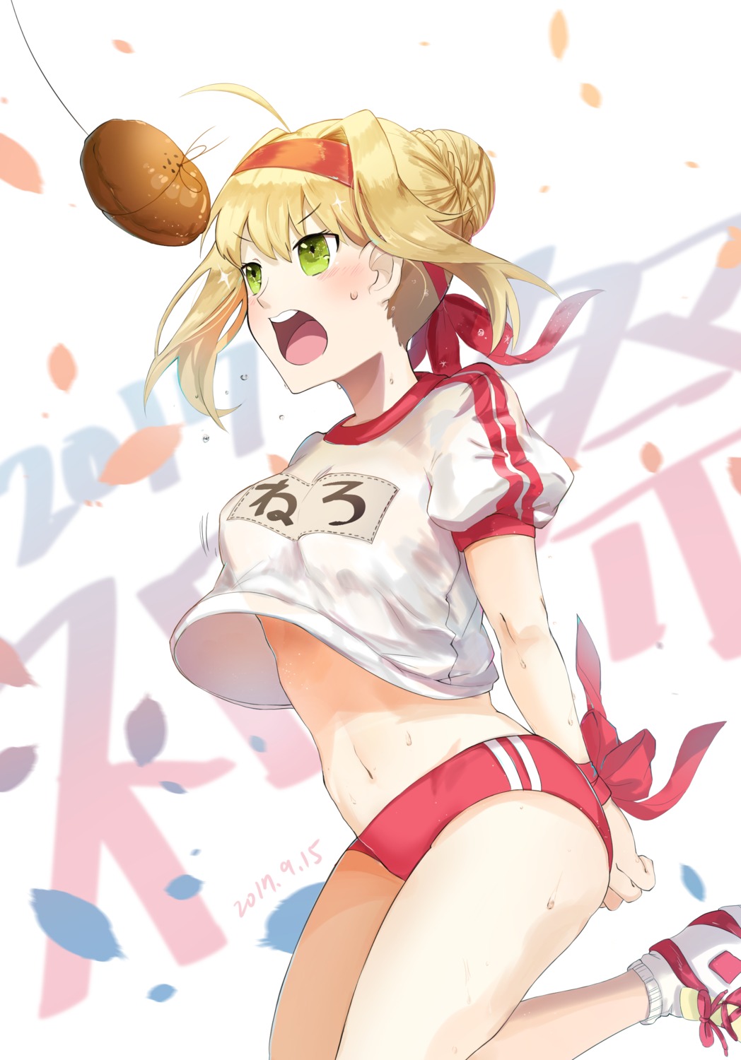 bondage, buruma, fate/grand_order, gym_uniform, ludou_maomao, nero_claudius_(fate), shirt_lift