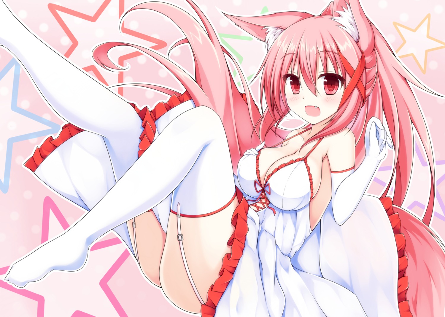 animal_ears, cleavage, dress, feet, mizuki_(kogetsu-tei), stockings, tail, thighhighs