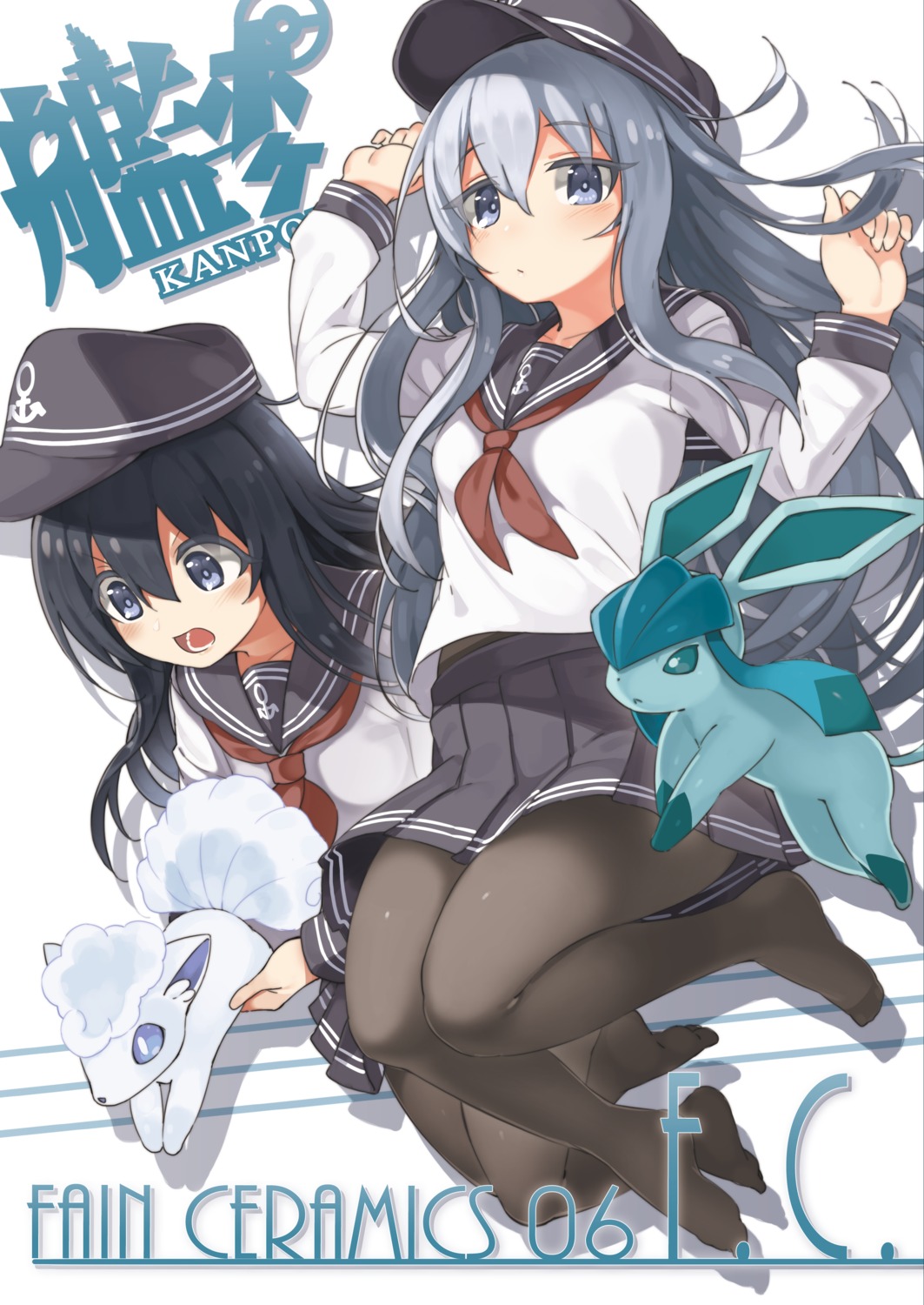 akatsuki_(kancolle), alolan_vulpix, crossover, glaceon, hibiki_(kancolle), kantai_collection, pantyhose, pokemon, pokemon_bdsp, pokemon_dppt, pokemon_sm, pokemon_usum, seifuku, seramikku