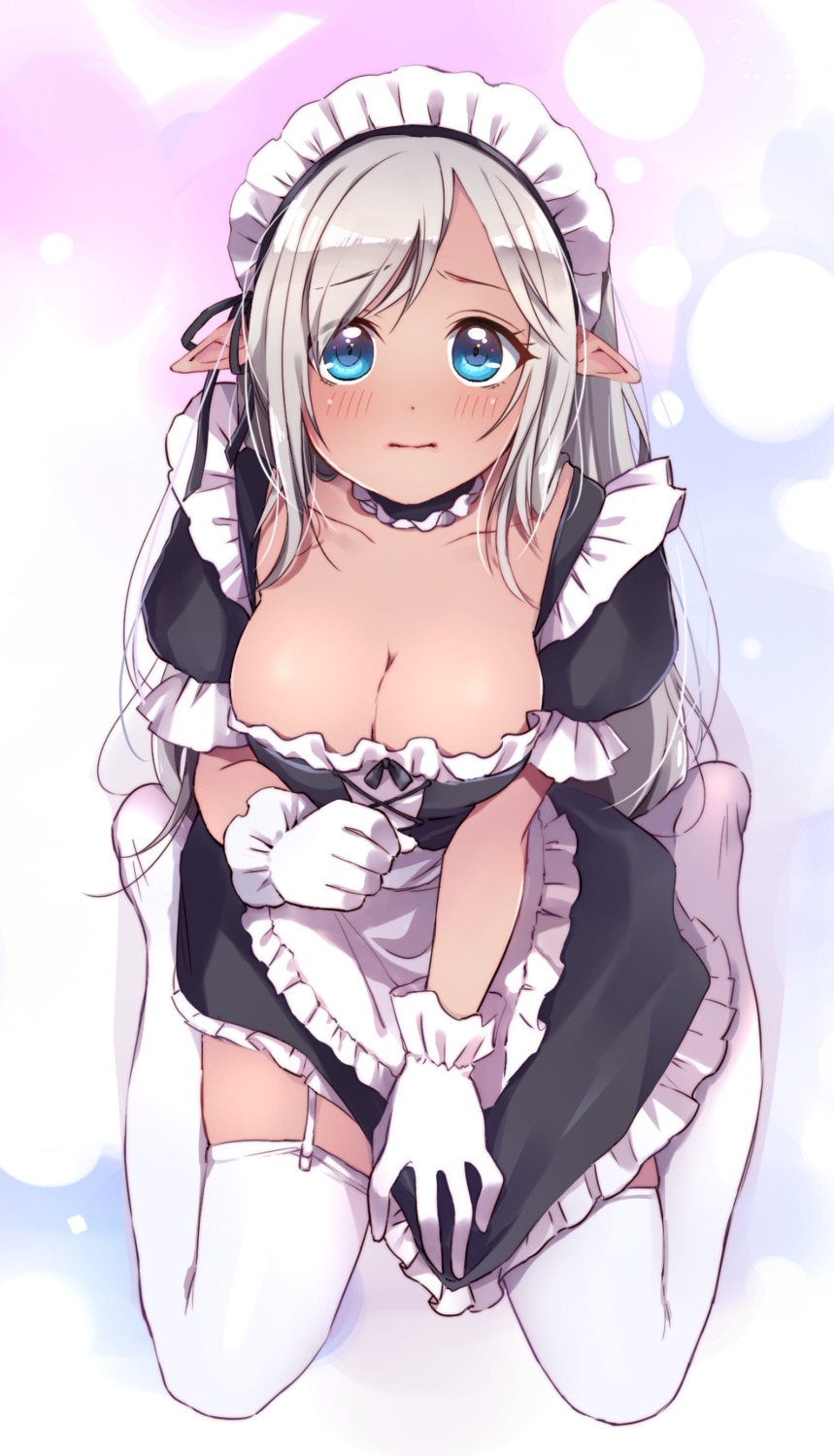 cleavage, maid, pointy_ears, stockings, thighhighs, vanilla_(miotanntann)