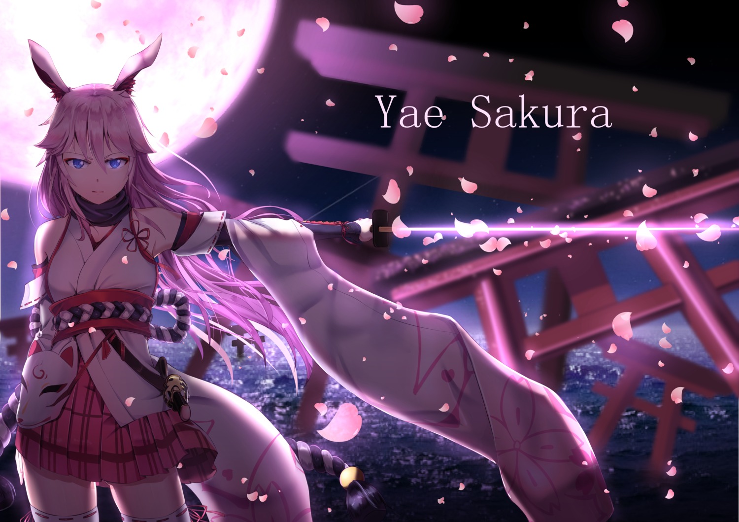 animal_ears, benghuai_xueyuan, bunny_ears, honkai_impact, japanese_clothes, miko, sword, thighhighs, yae_sakura_(benghuai_xueyuan), ye_zi_you_bei_jiao_ju_ge