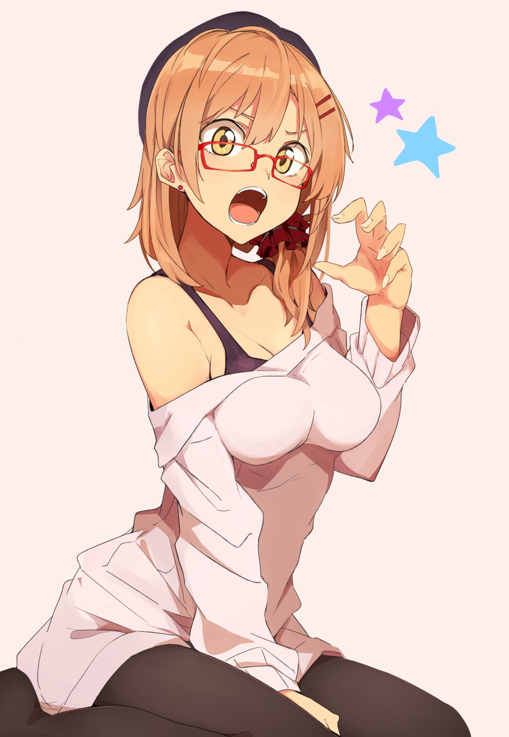 cleavage, kazenoko, megane, pantyhose