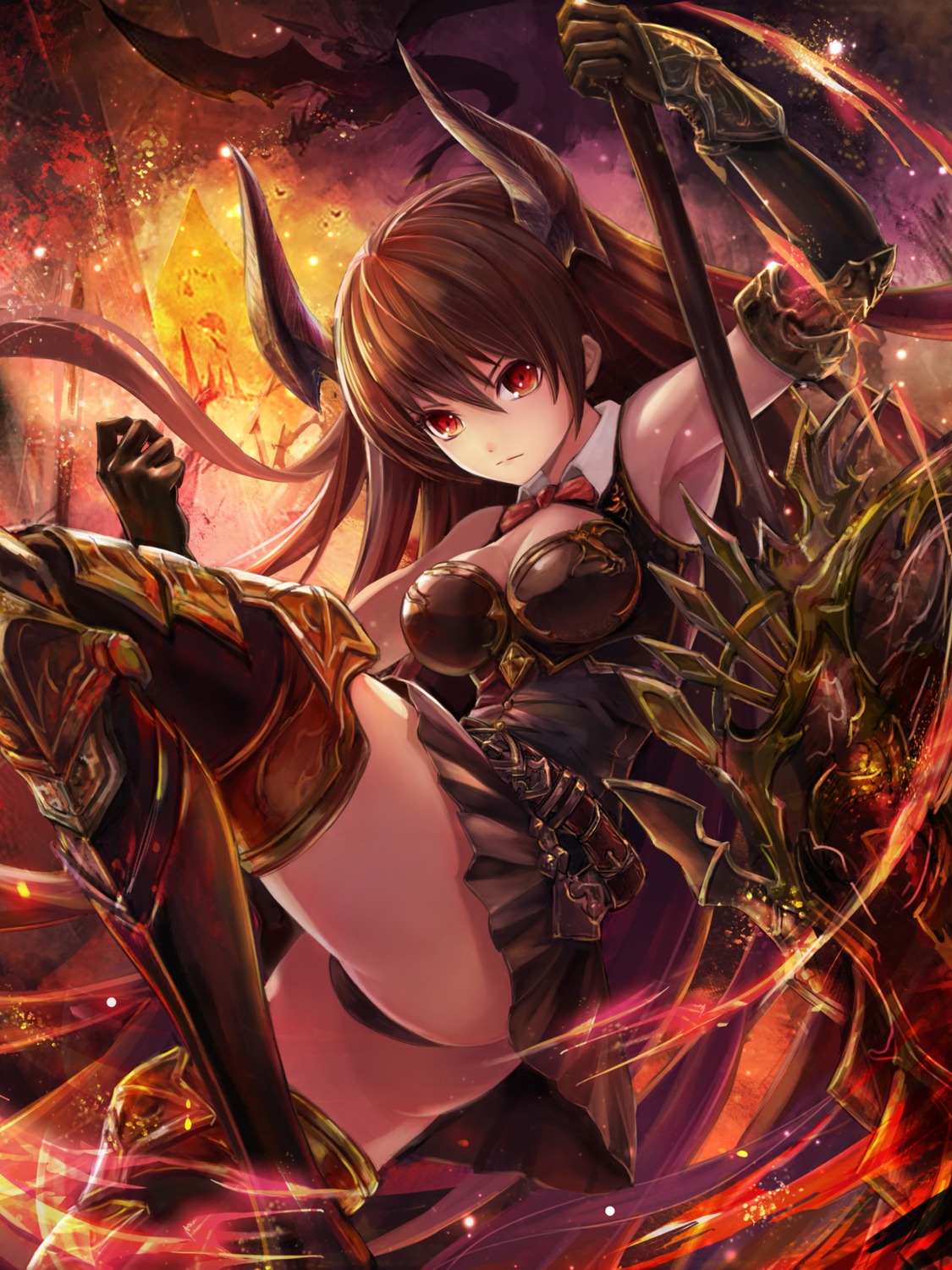 armor, cleavage, forte_(shingeki_no_bahamut), horns, pantsu, saya_kuroha, shingeki_no_bahamut, sword, thighhighs