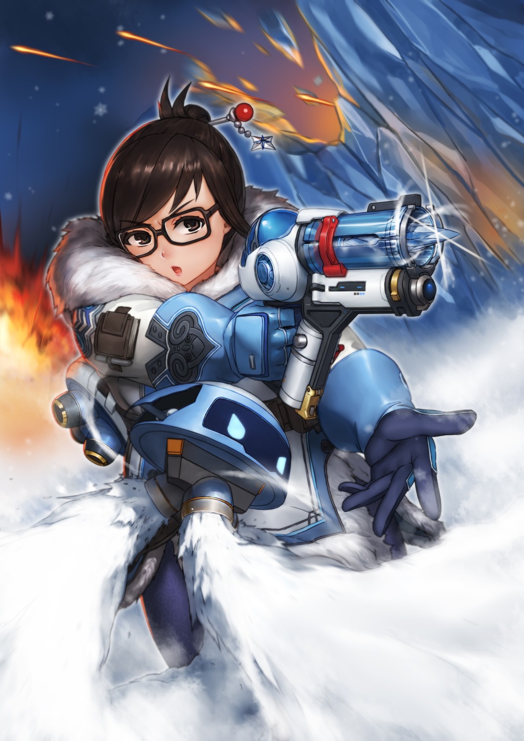 ao_mei_douji, gun, megane, mei_(overwatch), overwatch, snowball_(overwatch)