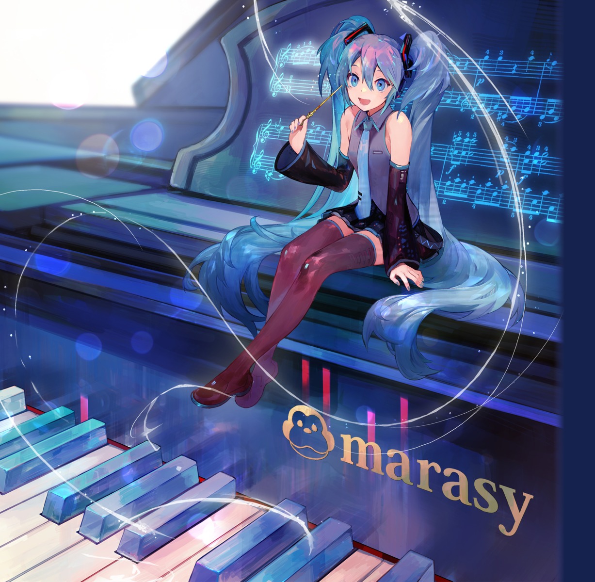 hatsune_miku, headphones, mifuji, thighhighs, vocaloid