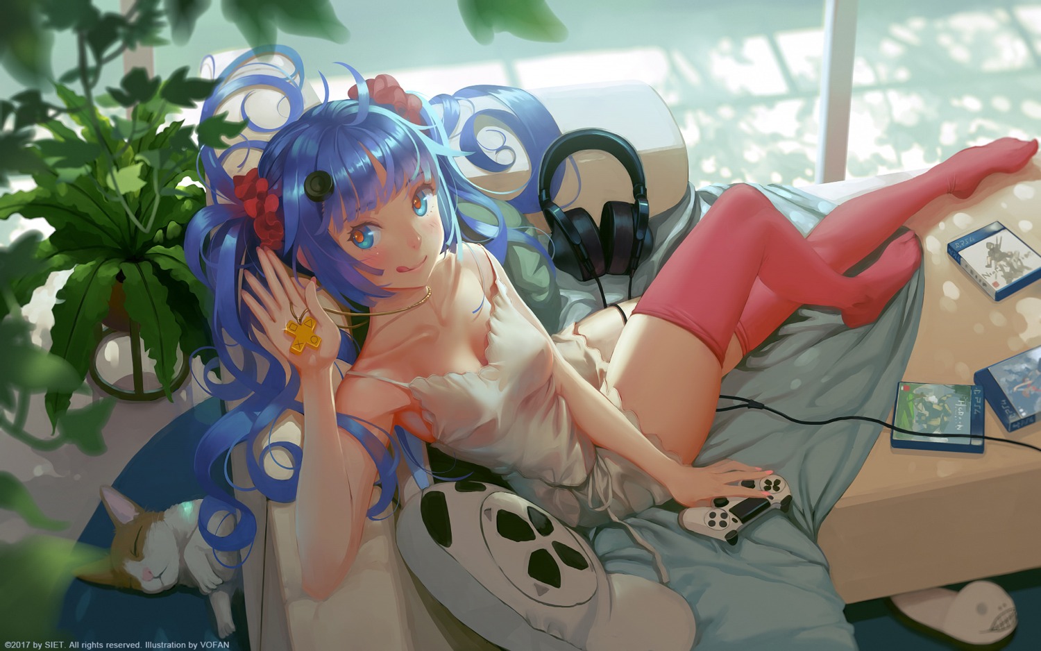 ai-chan_(sie), cleavage, dress, headphones, nier, nier_automata, official_watermark, thighhighs, vofan, wallpaper
