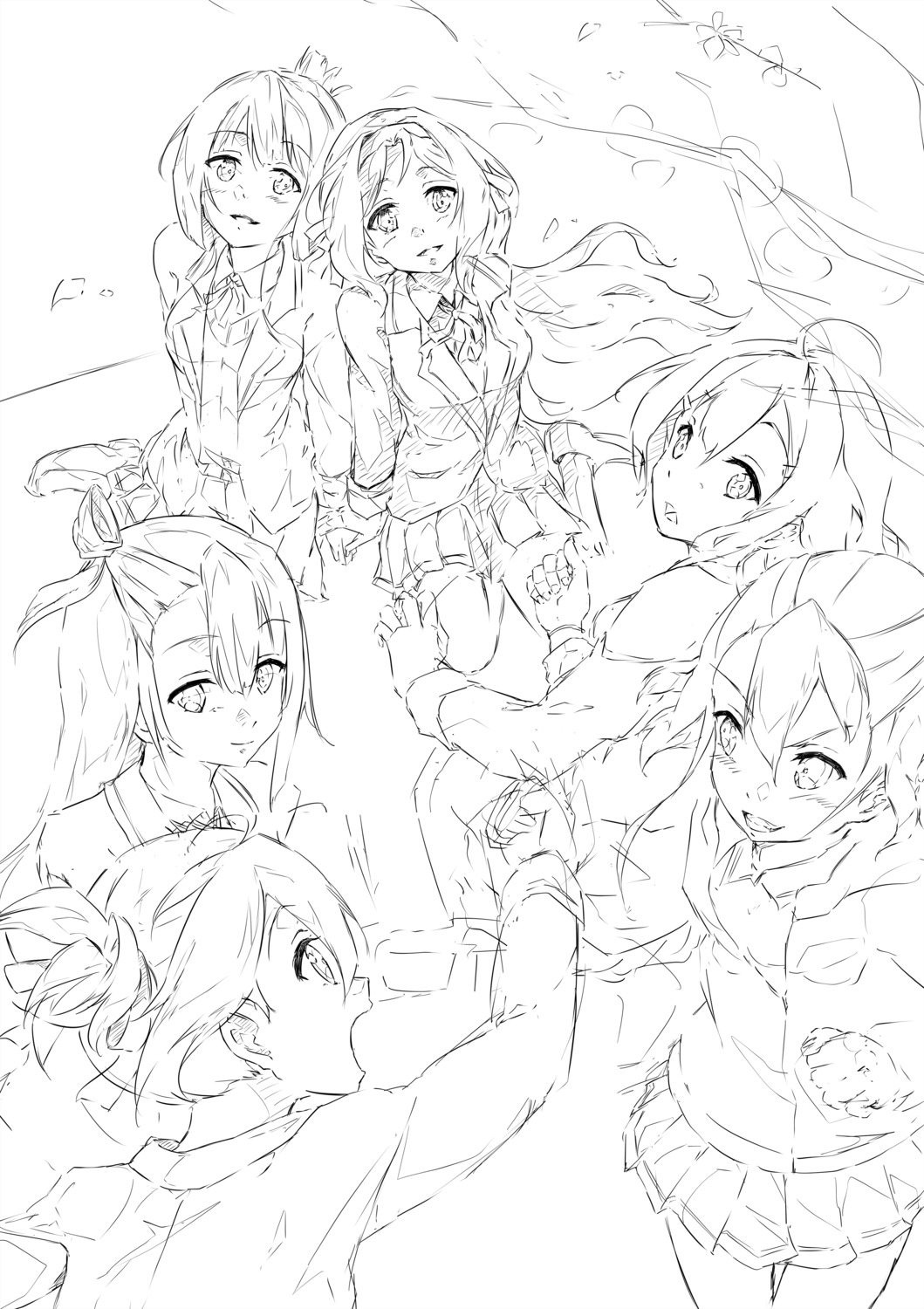 doi_tamako, iyojima_anzu, koori_chikage, monochrome, nogi_wakaba, sakuria, seifuku, sketch