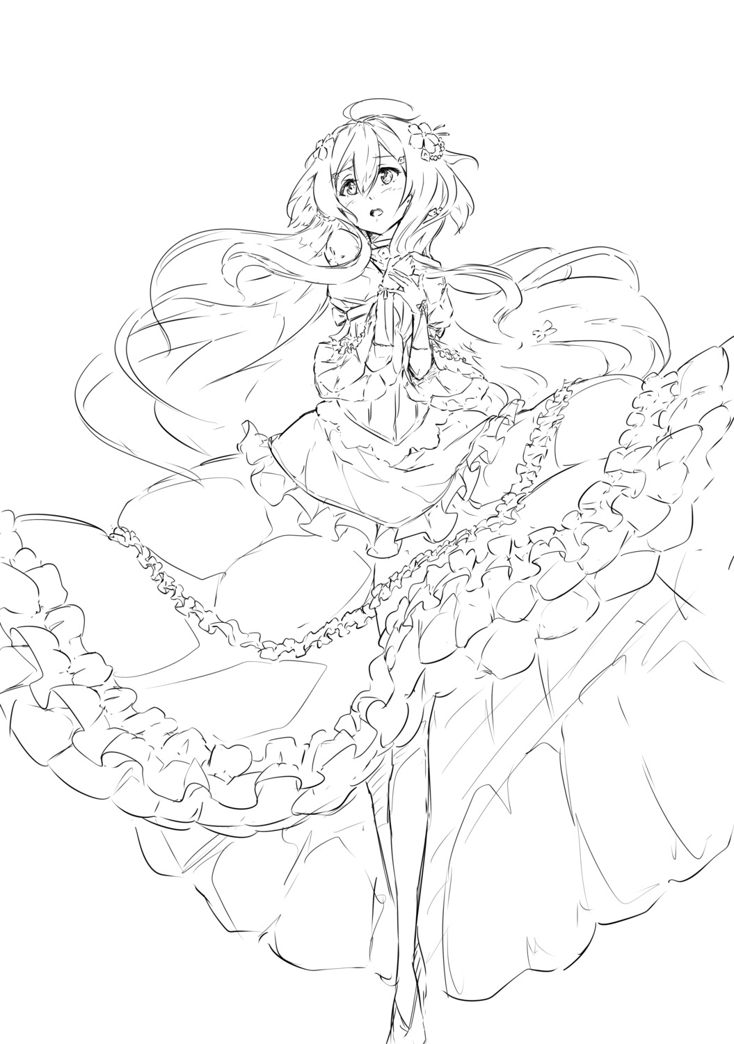 dress, iyojima_anzu, monochrome, sakuria, sketch, yuuki_yuuna_wa_yuusha_de_aru