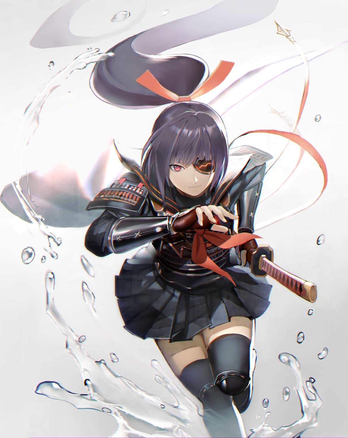 armor, eyepatch, isaroishin, seifuku, sword, thighhighs