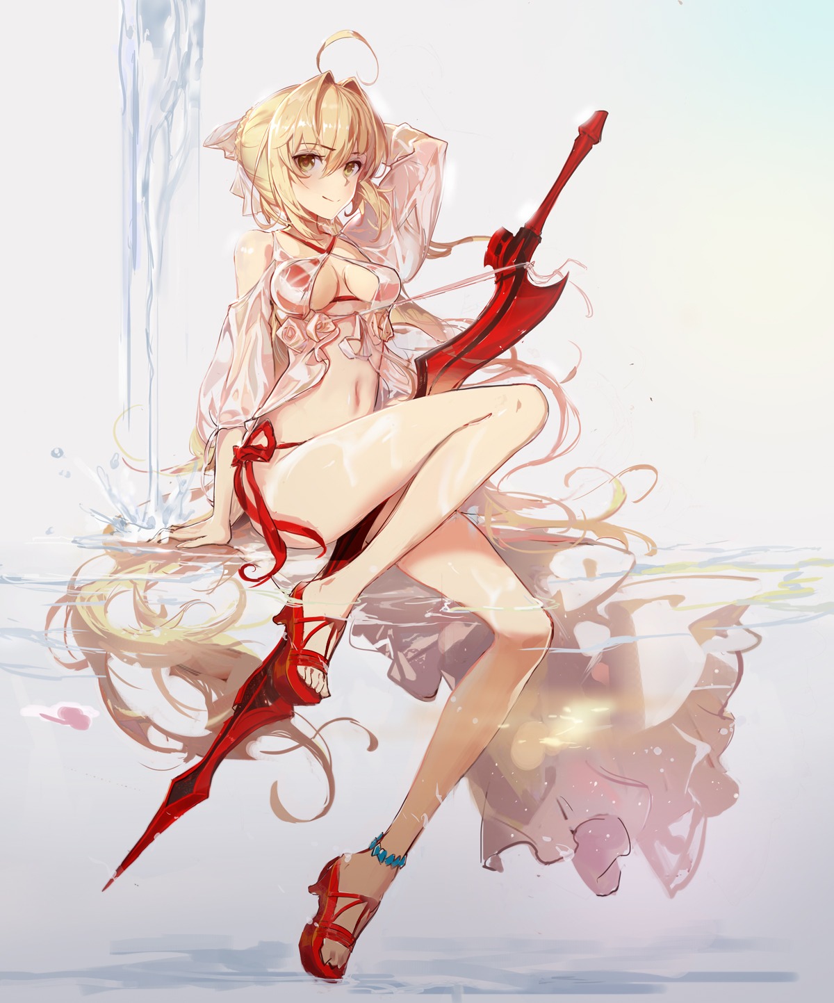 bikini, fate/grand_order, heels, nero_claudius_(fate), rabbit_(tukenitian), see_through, swimsuits, sword