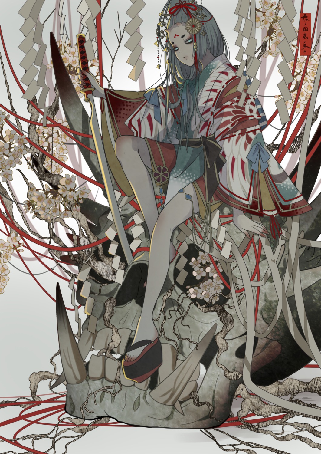 horns, japanese_clothes, nanahara_shie, sword, tattoo