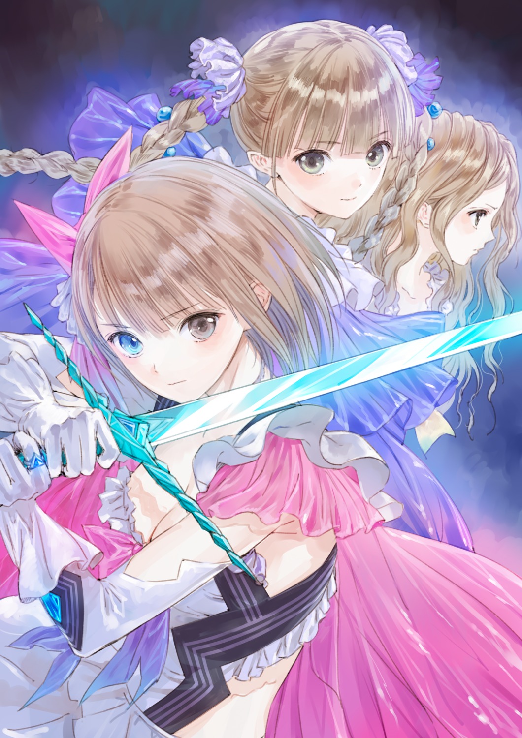 blue_reflection, cleavage, heterochromia, kishida_mel, shijou_raimu, shijou_yuzuki, shirai_hinako, sword