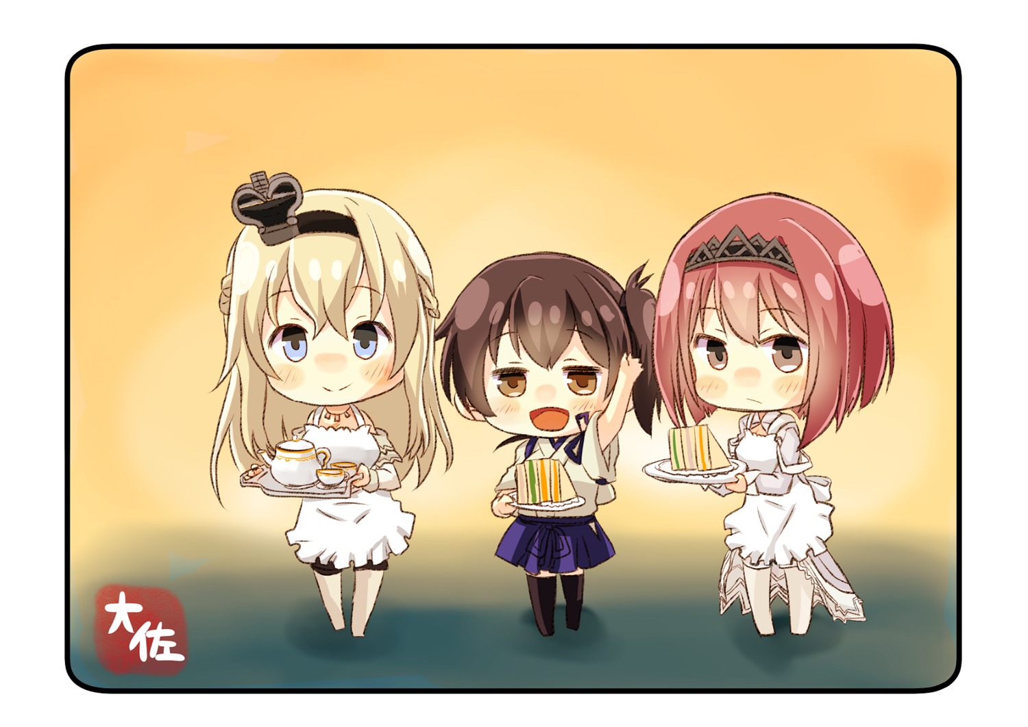 ark_royal_(kancolle), chibi, kaga_(kancolle), kantai_collection, taisa_(kari), thighhighs, warspite_(kancolle)