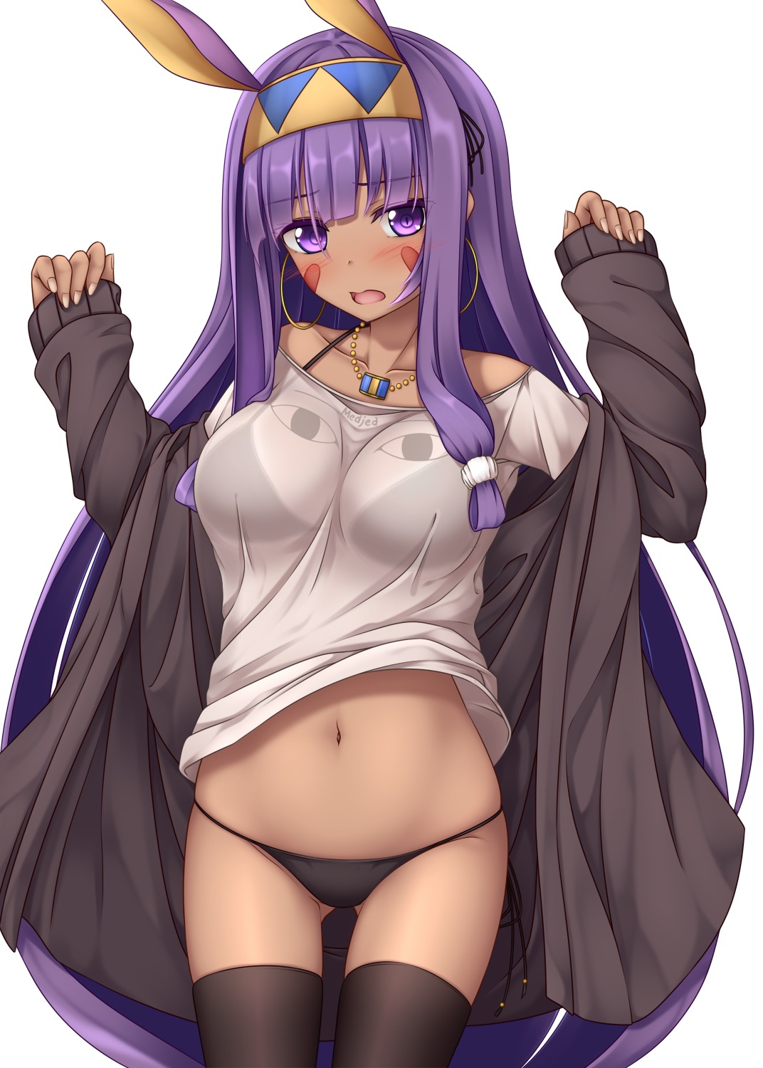animal_ears, bikini, bunny_ears, fate/grand_order, nitocris_(fate), open_shirt, see_through, swimsuits, yoye_(pastel_white)