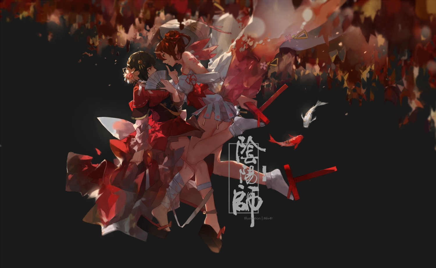 bandages, horns, japanese_clothes, miv4t, momo_(onmyouji), onmyouji, pointy_ears, sakura_(onmyouji)