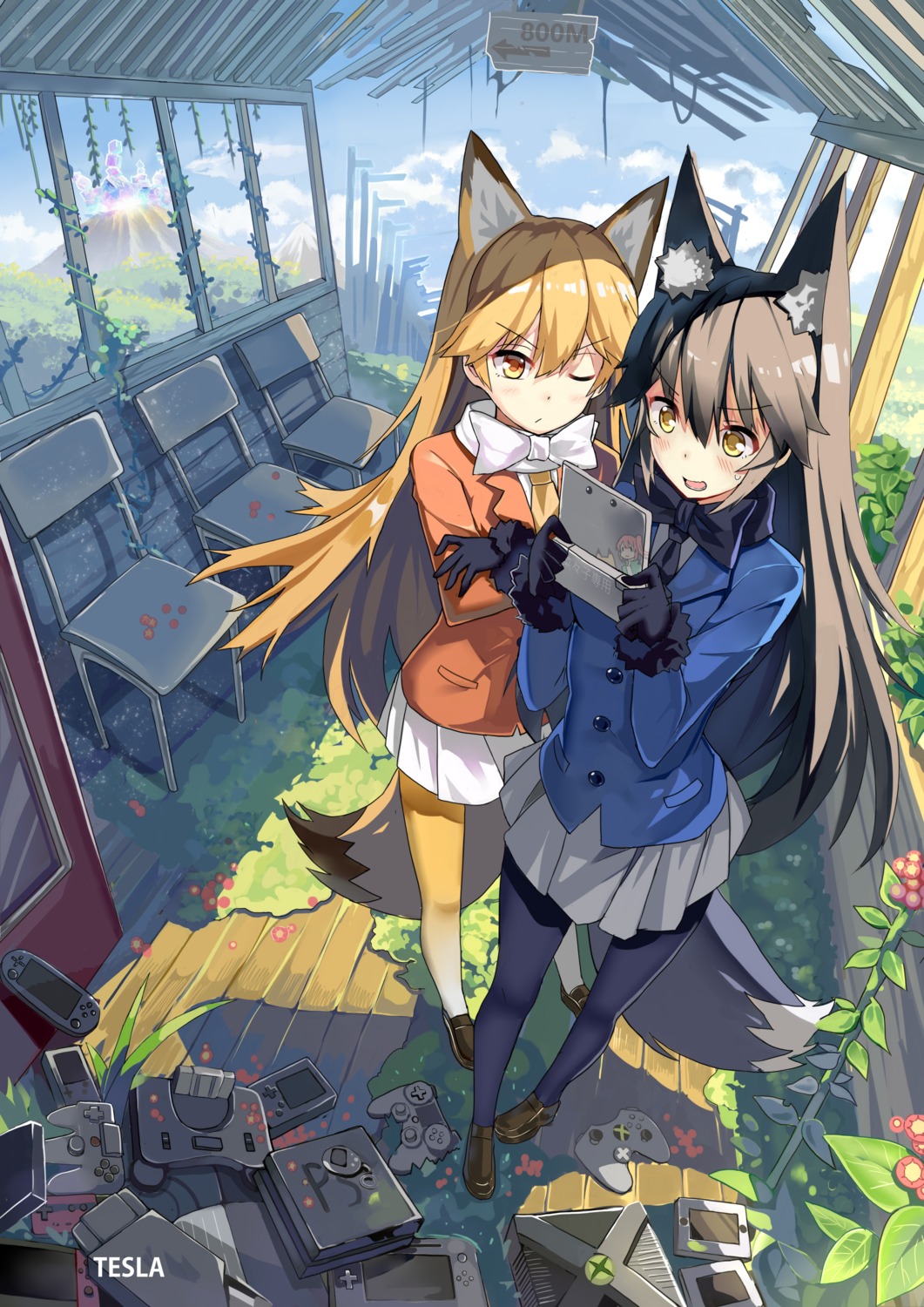 animal_ears, ezo_red_fox, kemono_friends, pantyhose, qihai_lunpo, silver_fox, tail
