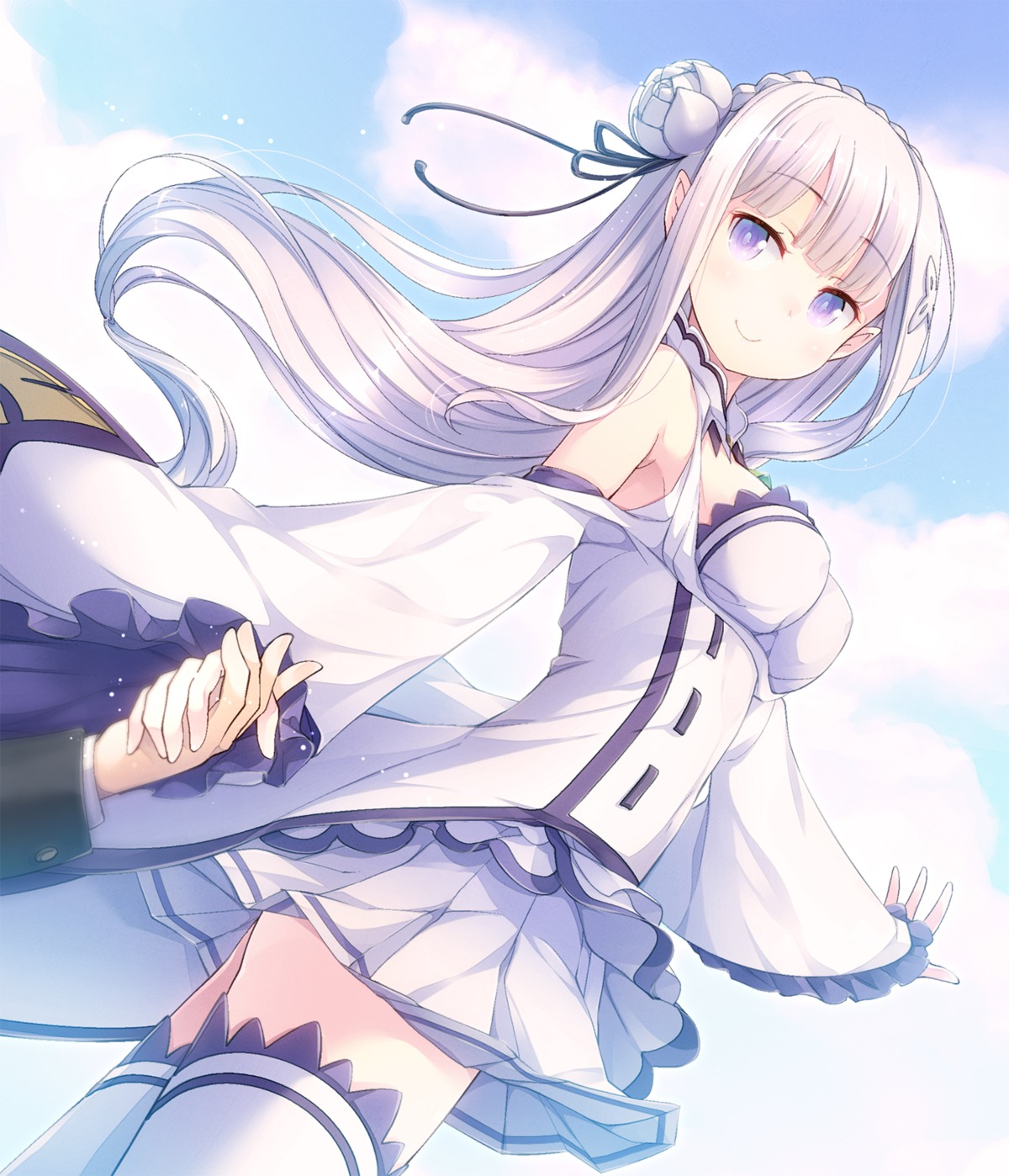 elf, emilia_(re_zero), matsuuni, pointy_ears, re:zero_kara_hajimeru_isekai_seikatsu, thighhighs