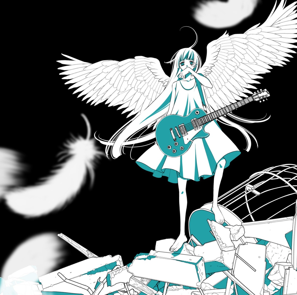 arisugawa_nino, disc_cover, dress, fukumenkei_noise, fukuyama_ryoko, guitar, wings