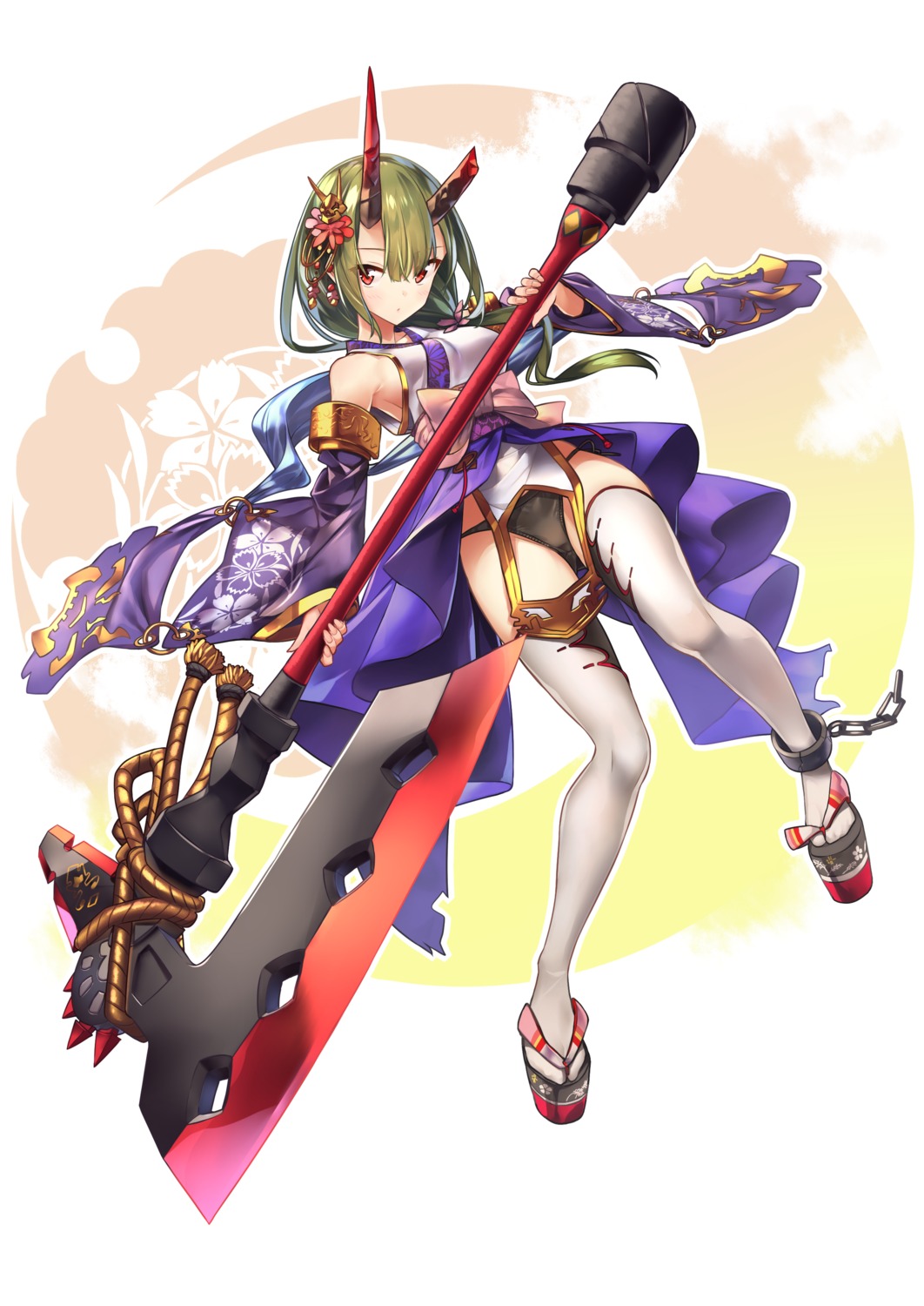 akari_(baffu), baffu, horns, japanese_clothes, pantsu, thighhighs, weapon