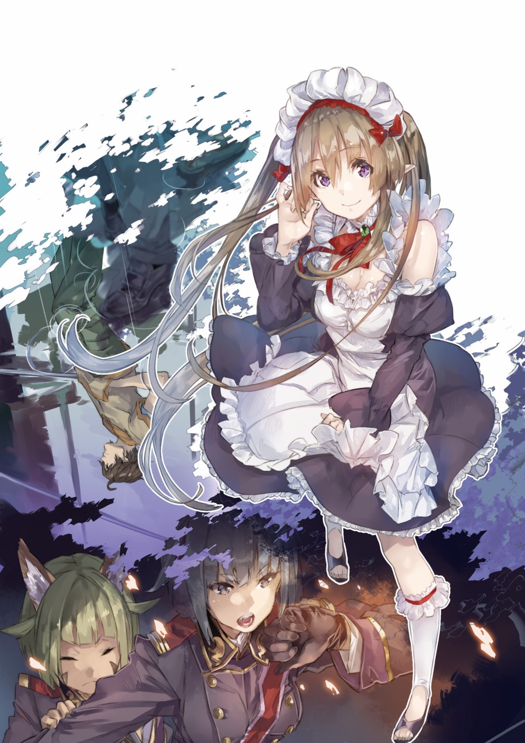 animal_ears, cleavage, digital_version, kanou_shinichi, maid, myuseru_foaran, outbreak_company, pointy_ears, possible_duplicate, uniform, yuugen