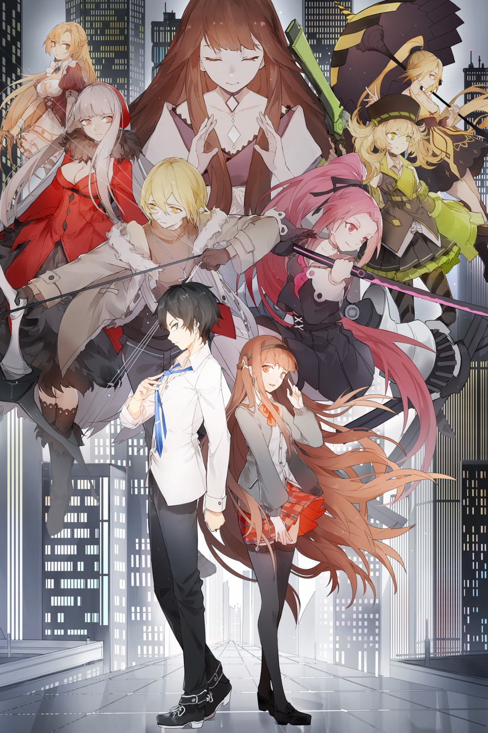 ann_(forever_7th_capital), cleavage, dress, forever_7th_capital, gun, headphones, heels, pantyhose, seifuku, sword, thighhighs, umbrella, vera_(forever_7th_capital), weapon