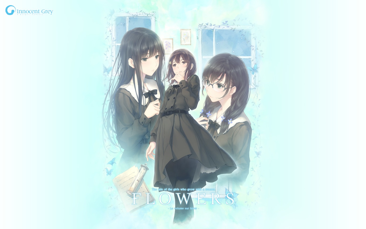 flowers, hanabishi_rikka, innocent_grey, kousaka_mayuri, megane, seifuku, shirahane_suou, sugina_miki