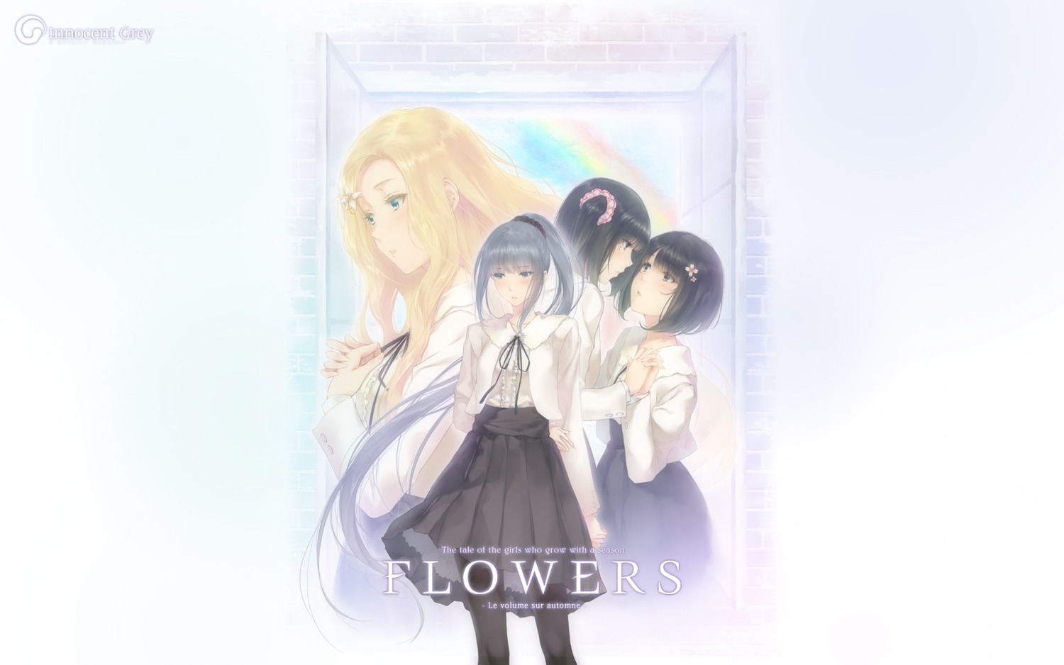 flowers, innocent_grey, komikado_nerine, pantyhose, sasaki_ichigo, sasaki_ringo, seifuku, sugina_miki, wallpaper, yatsushiro_yuzuriha, yuri
