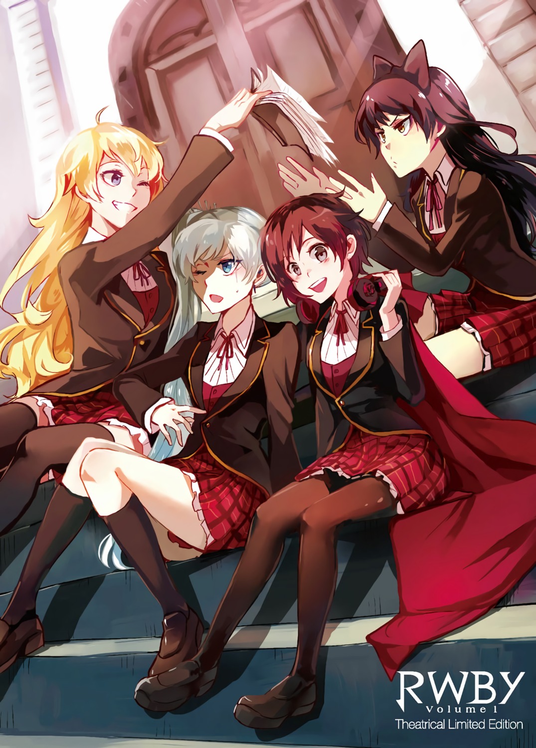 blake_belladonna, headphones, kuma_(bloodycolor), pantyhose, ruby_rose, rwby, seifuku, thighhighs, weiss_schnee, yang_xiao_long