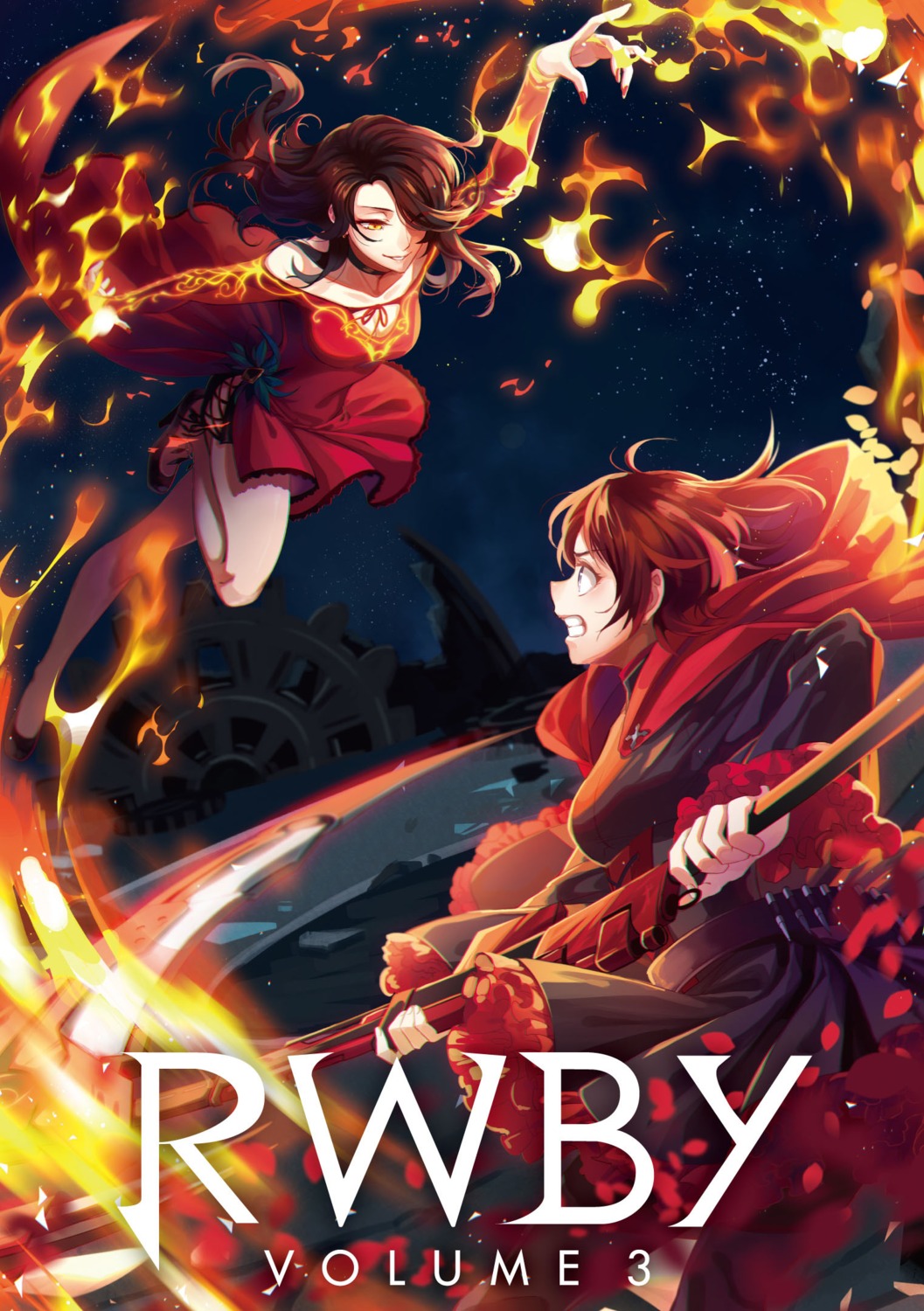 cinder_fall, cleavage, dress, heels, lowah, ruby_rose, rwby, weapon