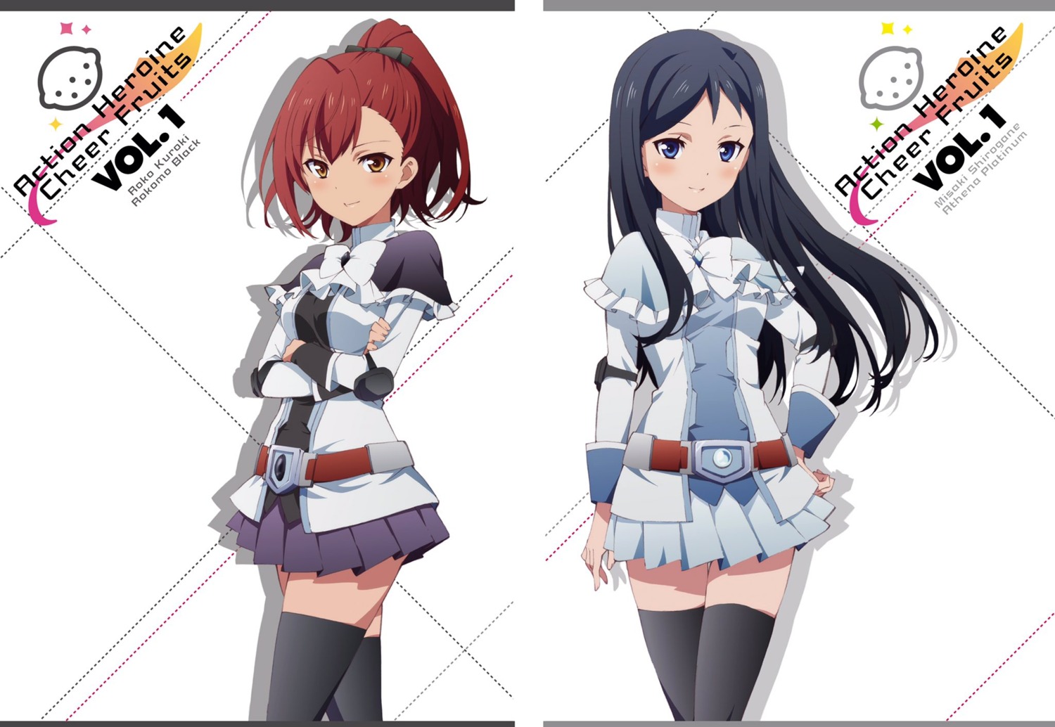 action_heroine_cheer_fruits, disc_cover, kuroki_roko, shirogane_misaki, thighhighs