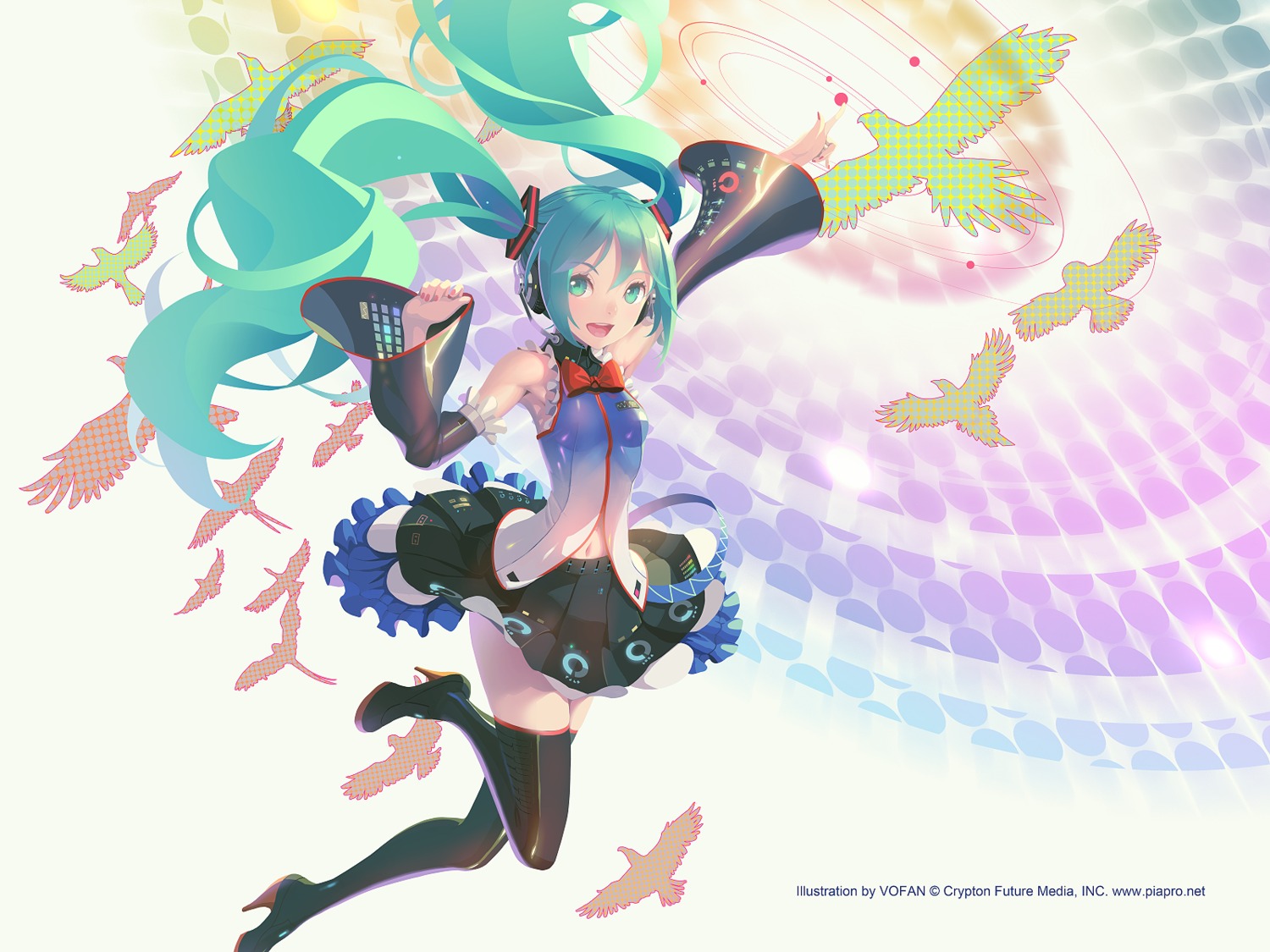 hatsune_miku, headphones, heels, thighhighs, vocaloid, vofan, wallpaper