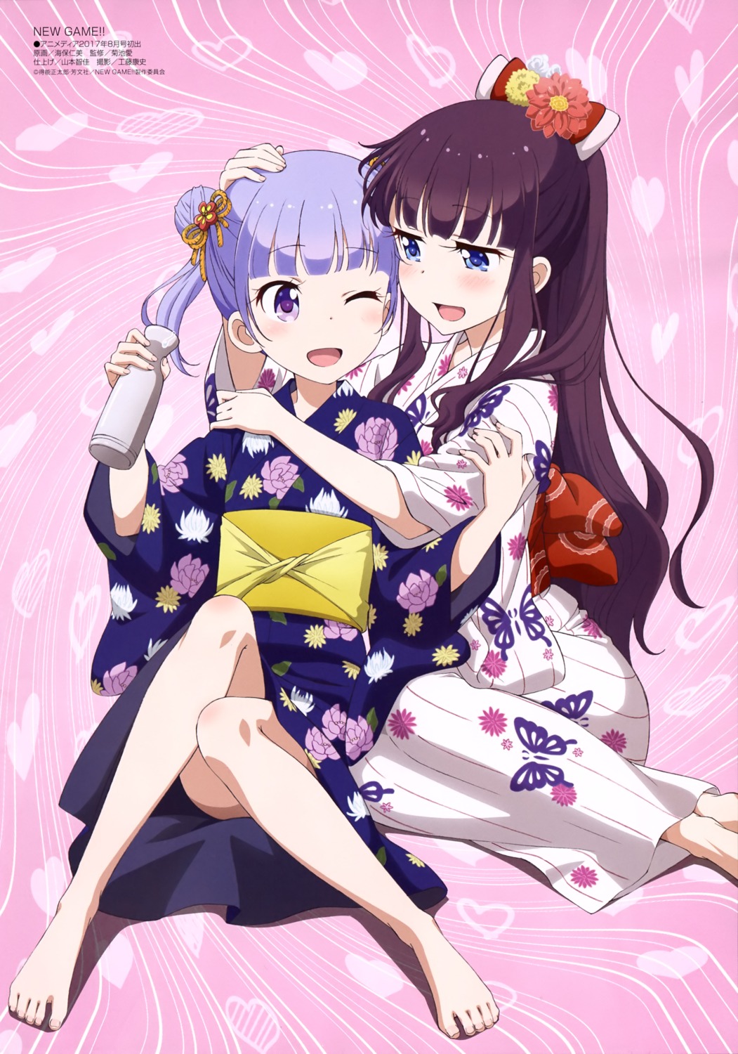 feet, kaiho_hitomi, new_game!, sake, suzukaze_aoba, takimoto_hifumi, yukata