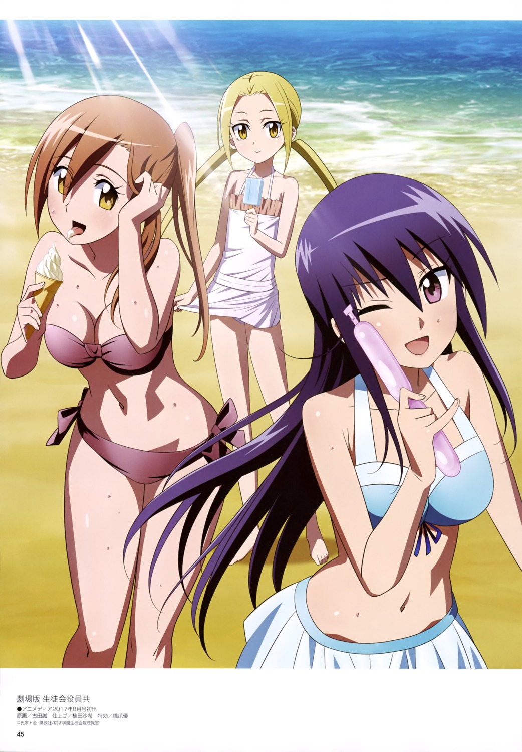 amakusa_shino, bikini, cleavage, cream, furuta_makoto, hagimura_suzu, seitokai_yakuin_domo, shichijou_aria, swimsuits