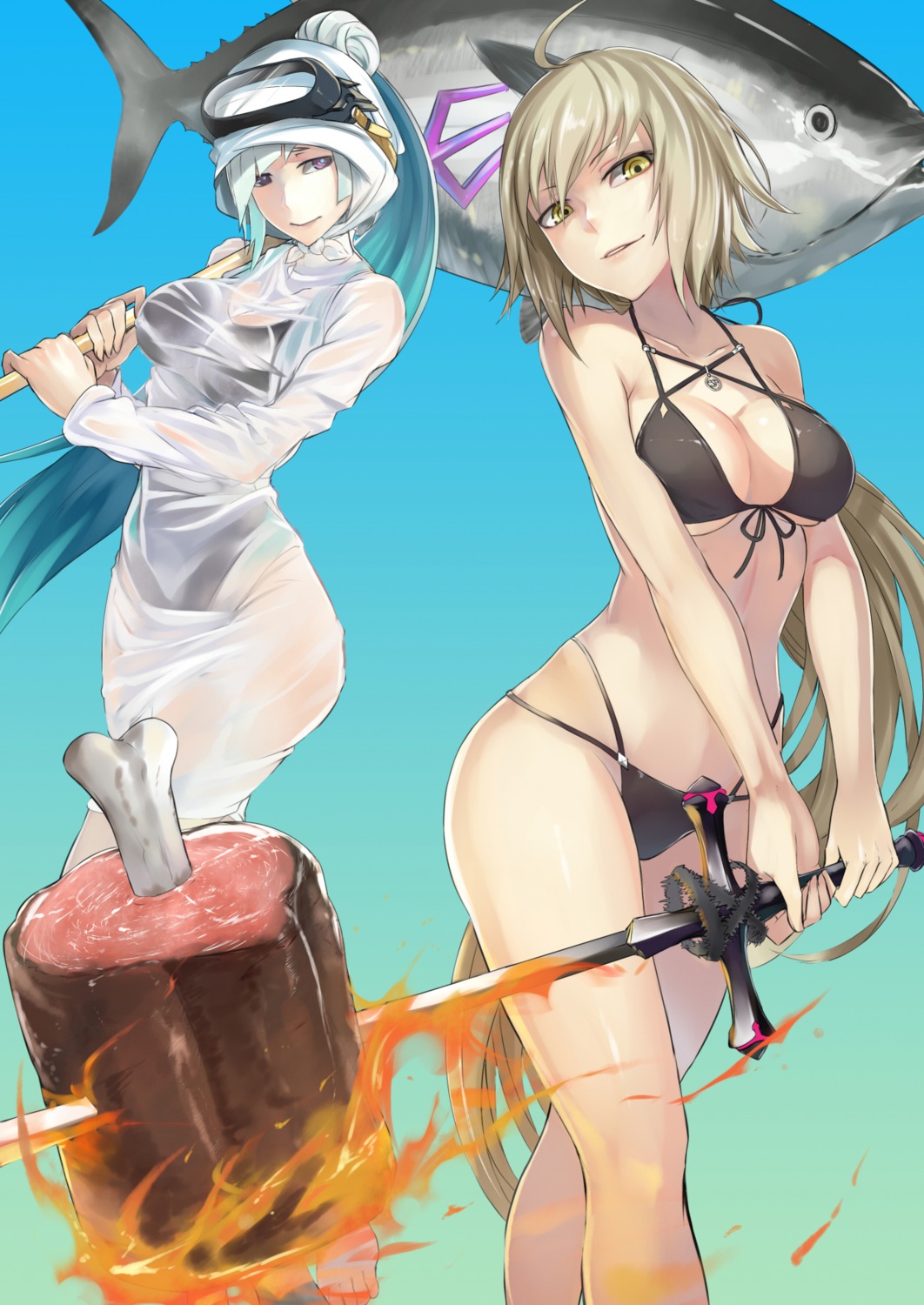 bikini, cleavage, fate/grand_order, jeanne_d'arc, jeanne_d'arc_alter_(fate), jikeshi, lancer_(fate/prototype:_fragments), see_through, swimsuits, sword, weapon, wet_clothes