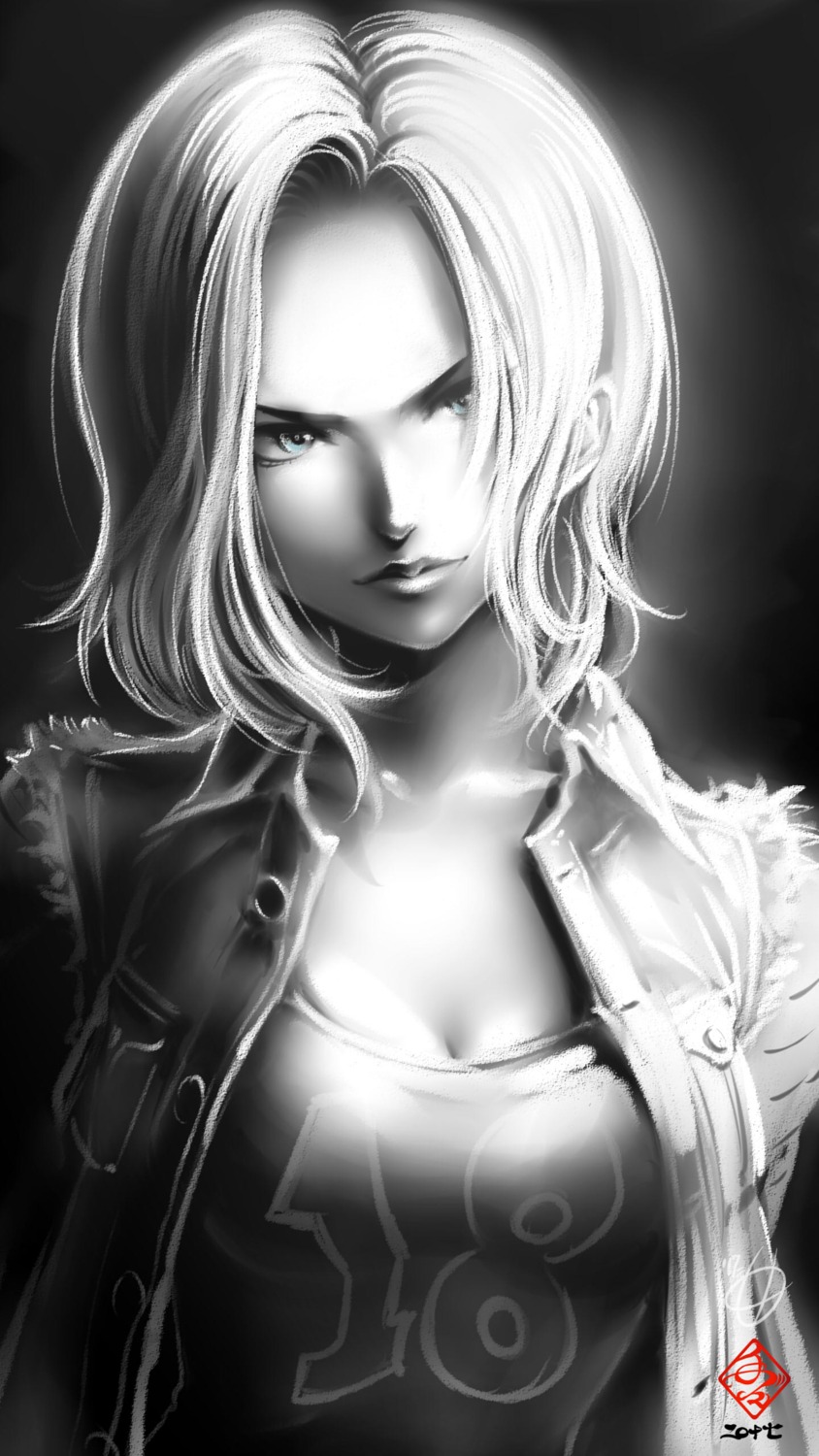 android_18, cleavage, dragon_ball, dragon_ball_z, monochrome, tete