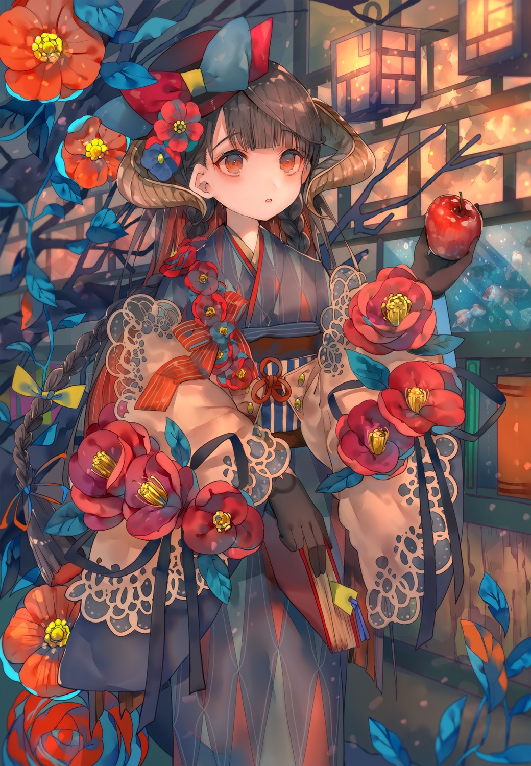 cha_goma, horns, kimono