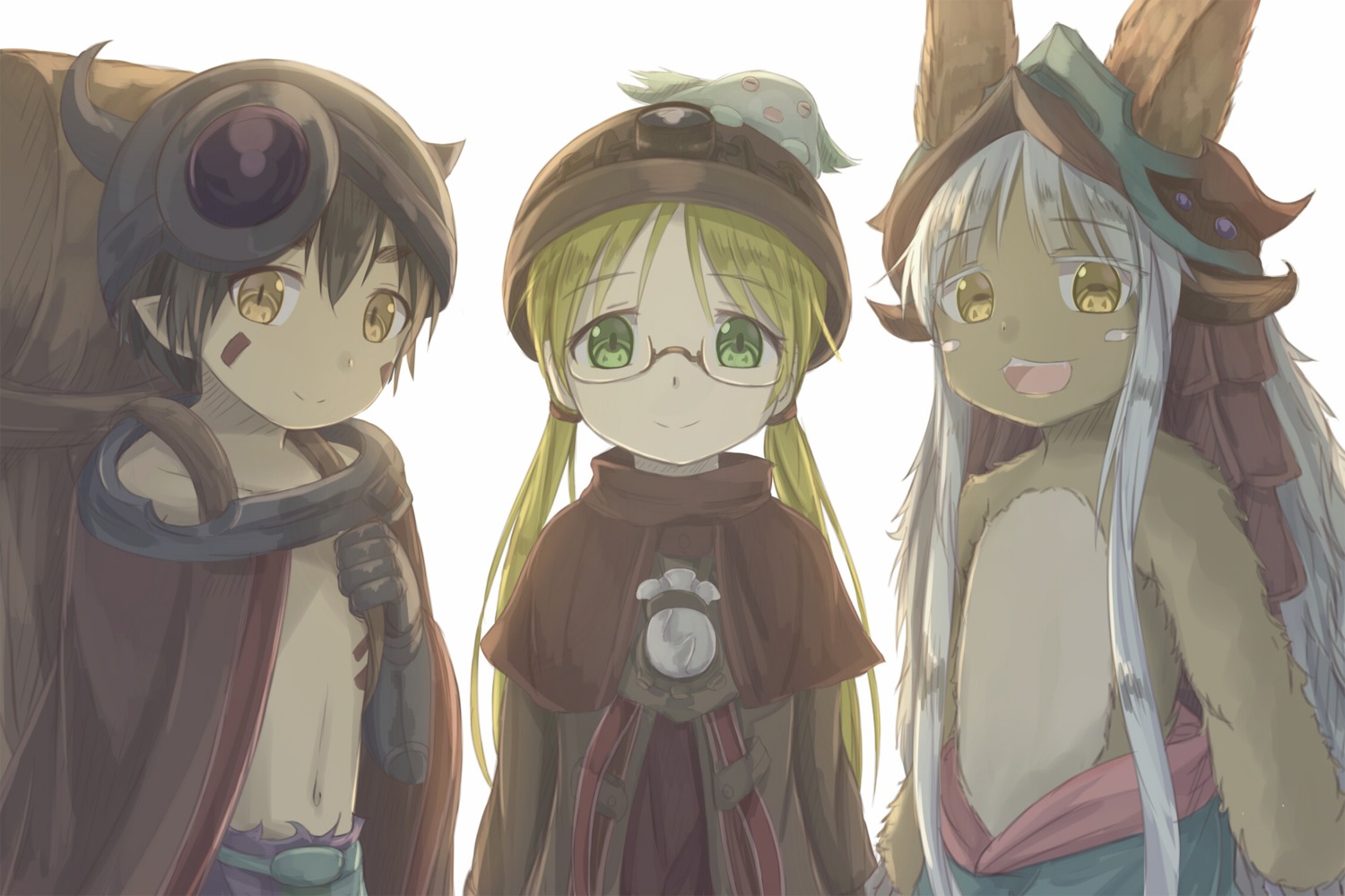 animal_ears, hikari_niji, made_in_abyss, megane, nanachi, pointy_ears, regu_(made_in_abyss), riko_(made_in_abyss)