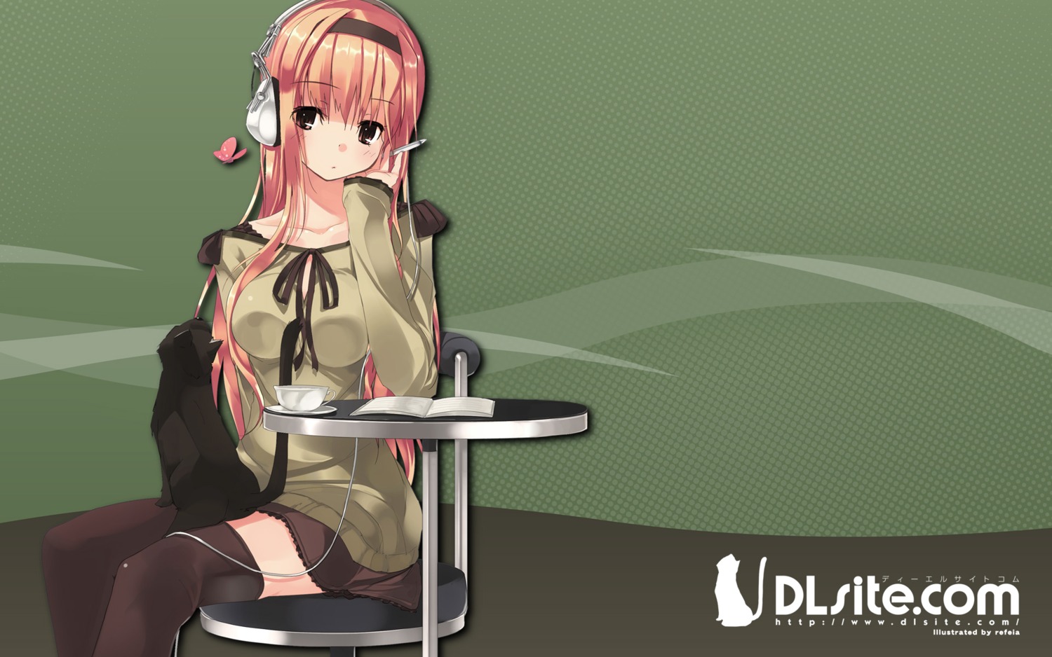 dlsite.com, headphones, neko, refeia, thighhighs, wallpaper