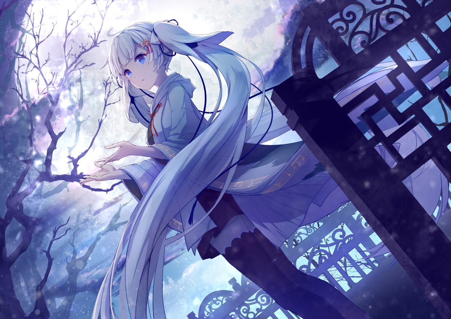 hatsune_miku, japanese_clothes, thighhighs, vocaloid, yue_yue, yuki_miku