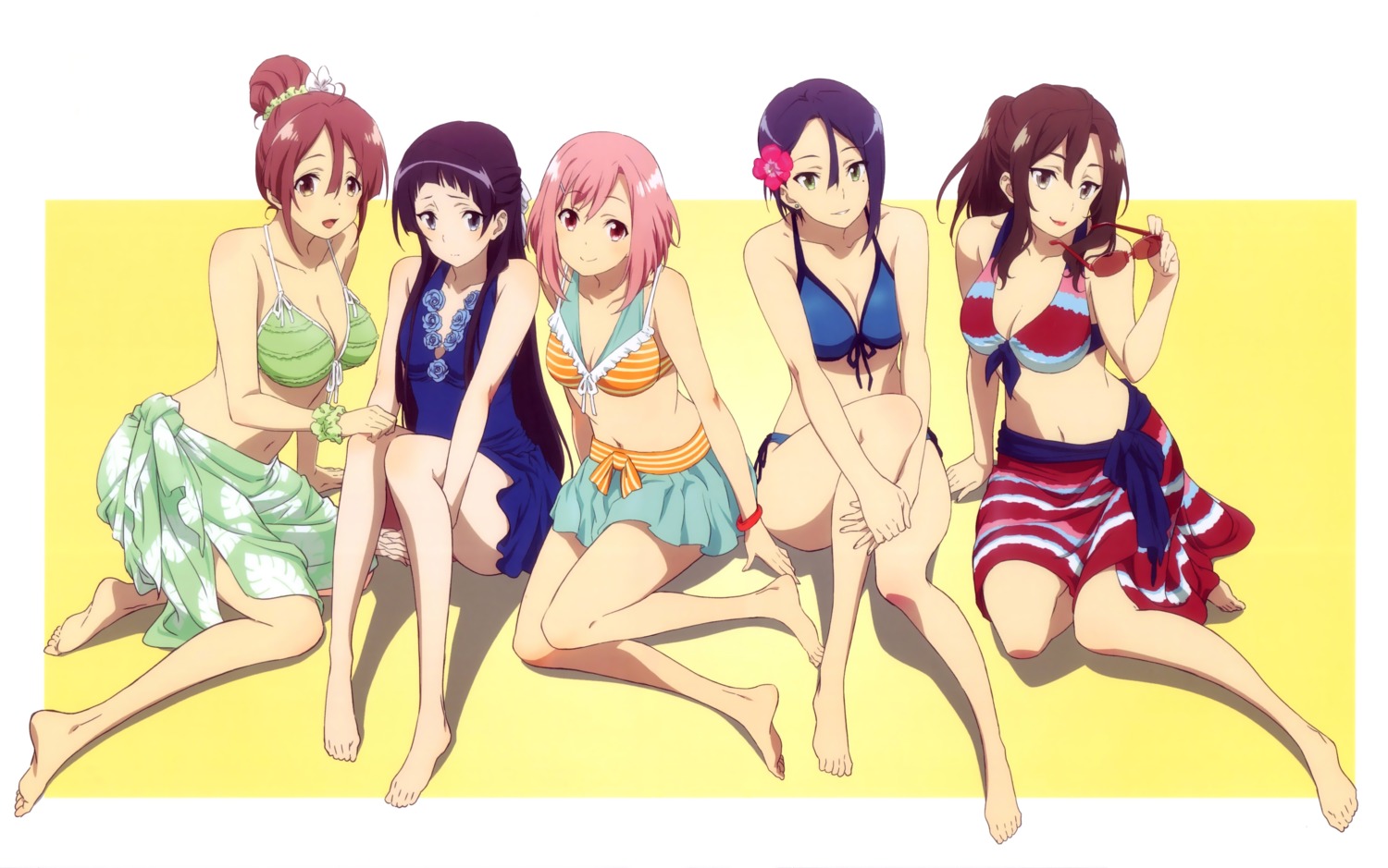 bikini, cleavage, dress, feet, koharu_yoshino, kouzuki_sanae, megane, midorikawa_maki, oribe_ririko, sakura_quest, shinomiya_shiori, swimsuits
