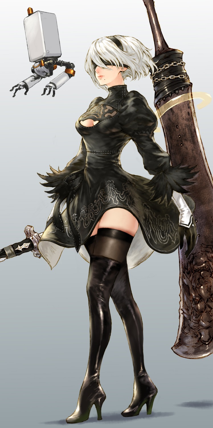 cleavage, dress, heels, makimura_shunsuke, nier, nier_automata, sword, thighhighs