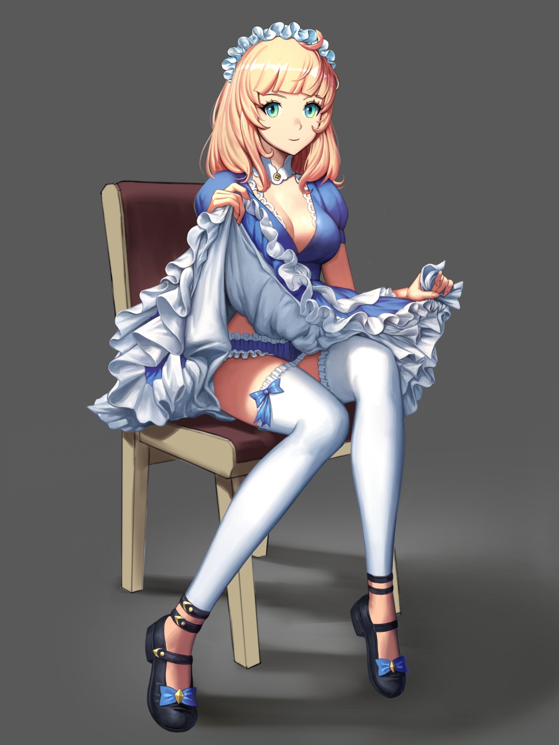 cleavage, dress, pantsu, saringongja, skirt_lift, thighhighs