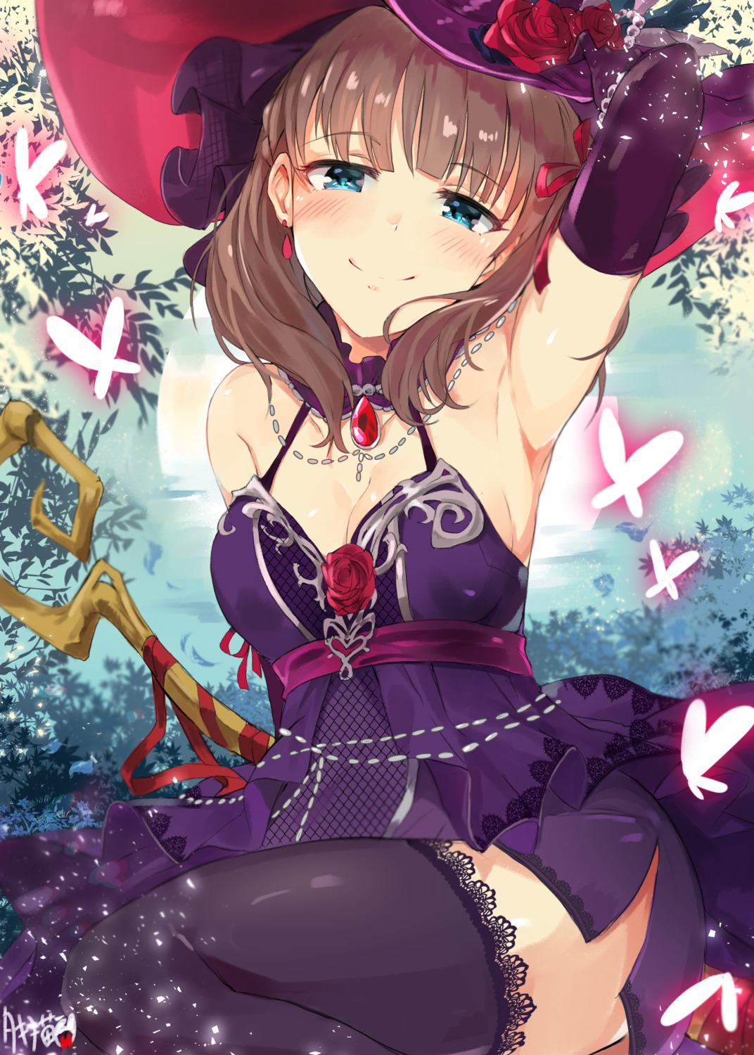 cleavage, dress, sakuma_mayu, the_idolm@ster, the_idolm@ster_cinderella_girls, thighhighs, tuxedo_de_cat, witch