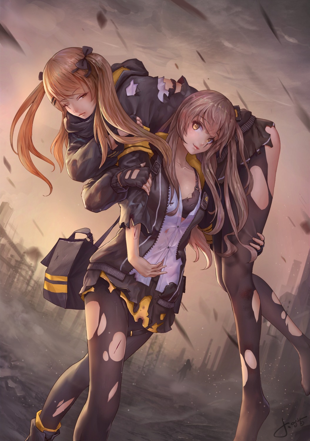 bra, girls_frontline, jay_xu, open_shirt, pantyhose, torn_clothes, ump45_(girls_frontline), ump9_(girls_frontline)