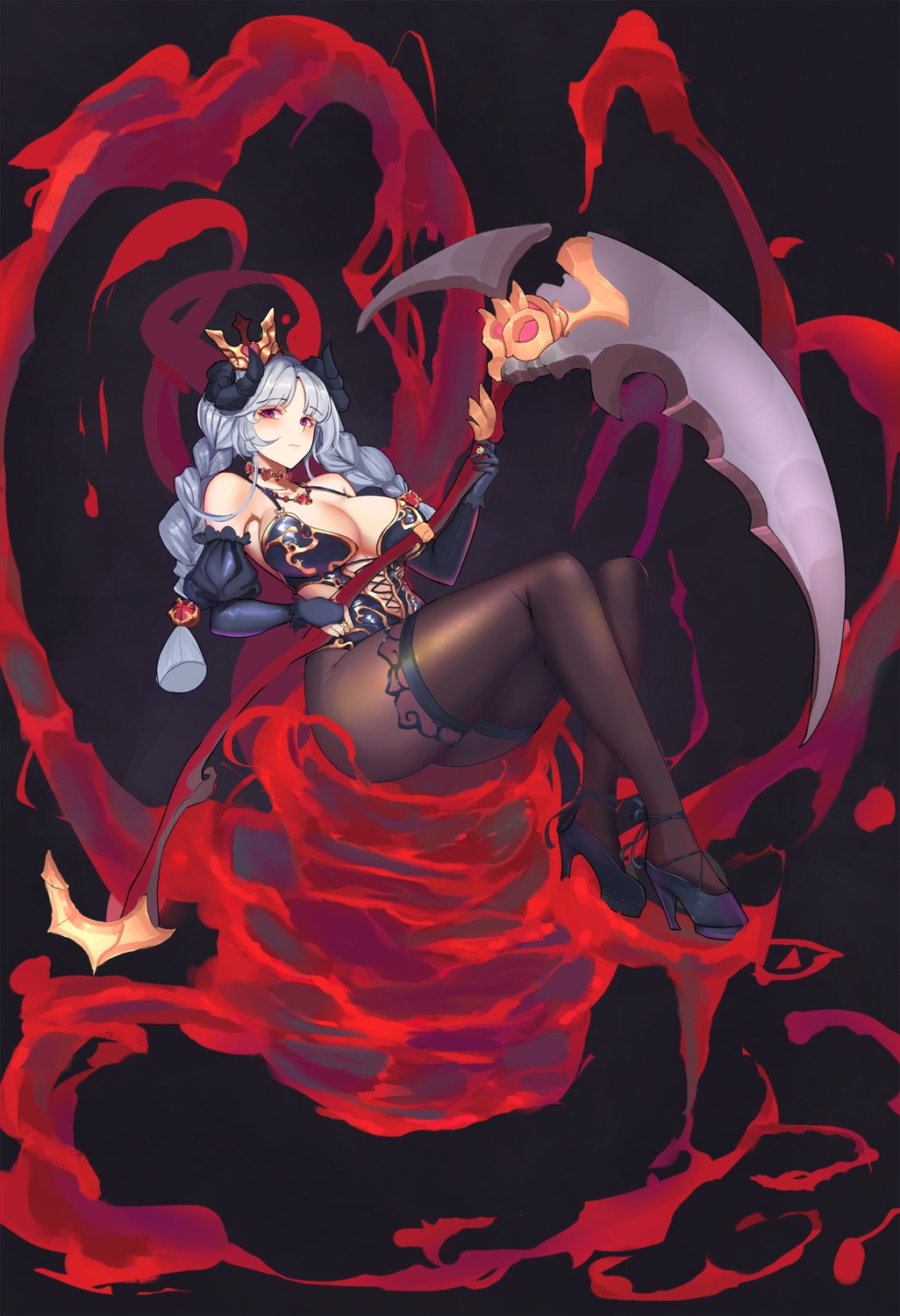 cleavage, gg-e, heels, horns, pantyhose, weapon