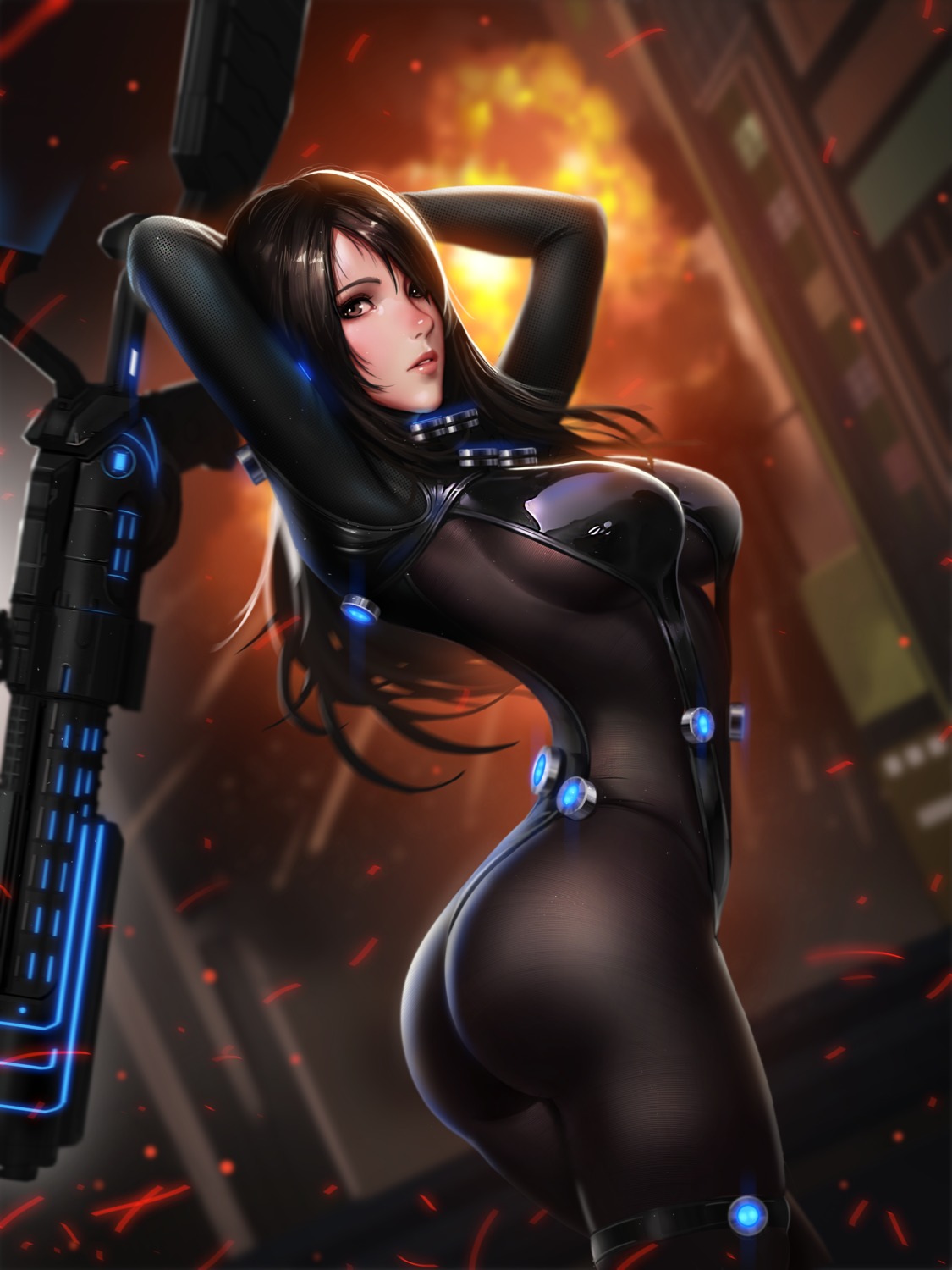 ass, bodysuit, gantz, garter, liang_xing, shimohira_reika, weapon