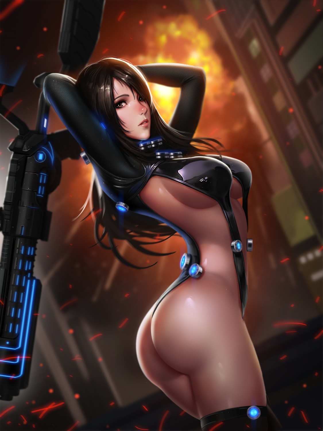 ass, bodysuit, gantz, liang_xing, no_bra, nopan, shimohira_reika, thighhighs, thong, underboob, weapon