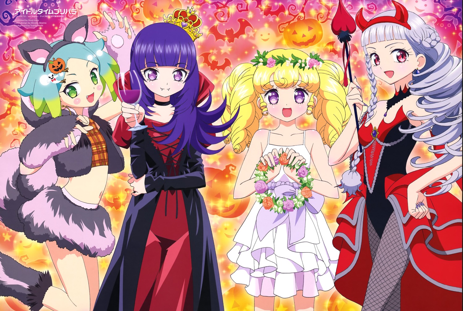 animal_ears, dress, fishnets, halloween, hanazono_shuuka, hara_shouji, horns, idol_time_pripara, kouda_michiru, nijiiro_nino, pantyhose, pretty_series, pripara, tail, yumekawa_yui