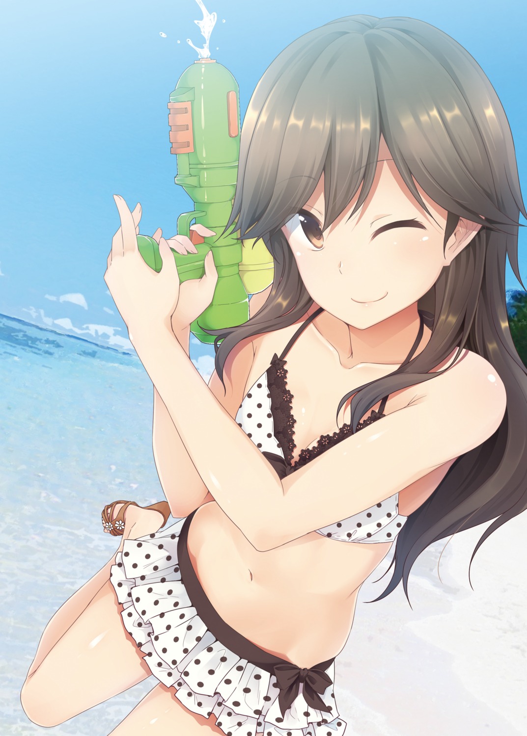 arashio_(kancolle), bikini, cleavage, gun, heels, kantai_collection, nagami_yuu, swimsuits
